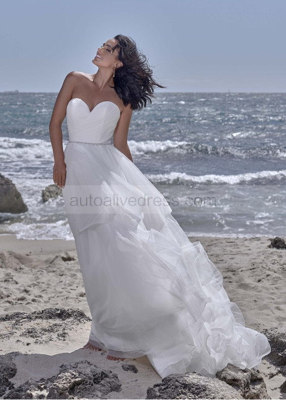 Strapless Ivory Ruched Tulle Corset Back Modern Wedding Dress